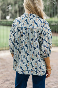 Better Than You Know Navy Medallion Puff Sleeve Blouse