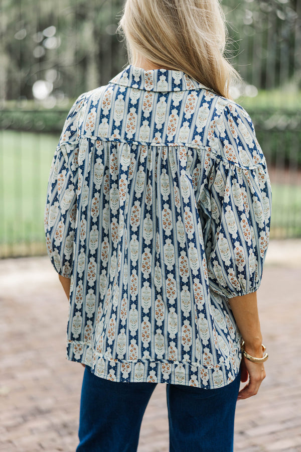 Better Than You Know Navy Medallion Puff Sleeve Blouse