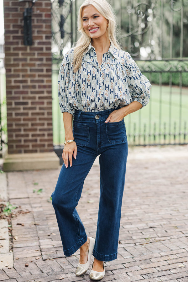Better Than You Know Navy Medallion Puff Sleeve Blouse