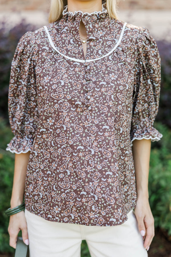 Keep It Up Brown Paisley Ruffled Blouse