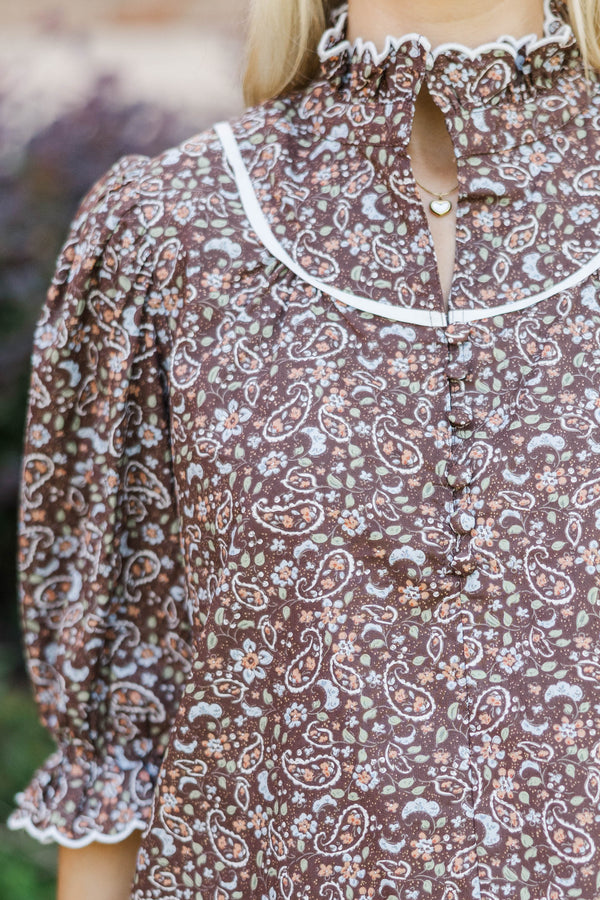 Keep It Up Brown Paisley Ruffled Blouse