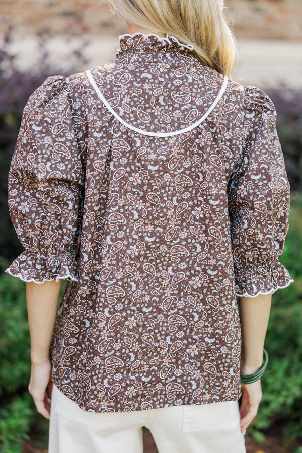 Keep It Up Brown Paisley Ruffled Blouse