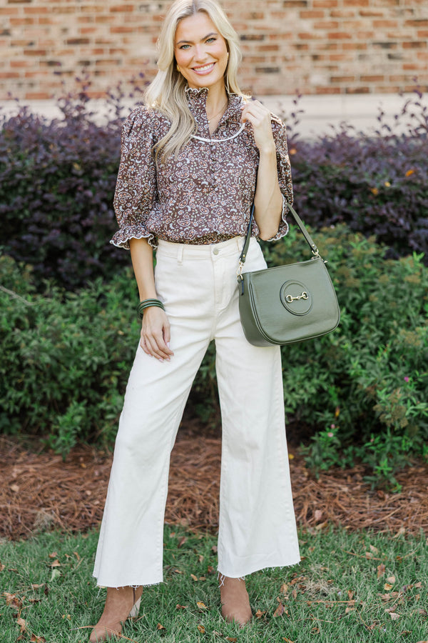 Keep It Up Brown Paisley Ruffled Blouse