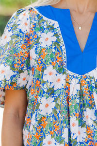 Just A Theory Blue Floral Cotton Blouse
