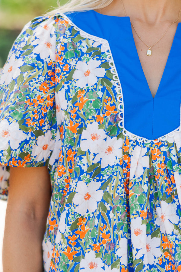 Just A Theory Blue Floral Cotton Blouse