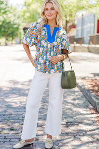 Just A Theory Blue Floral Cotton Blouse