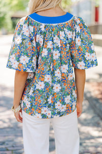 Just A Theory Blue Floral Cotton Blouse