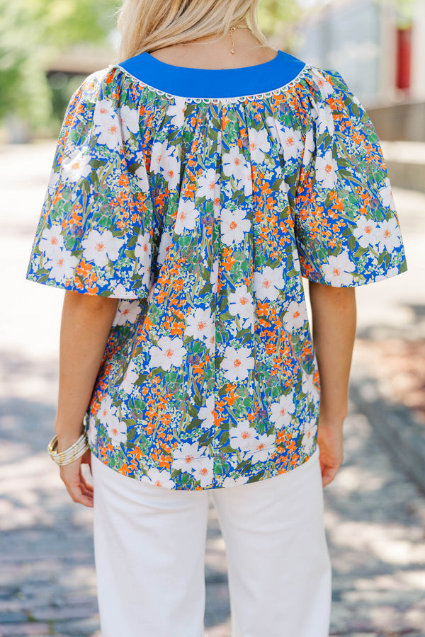 Just A Theory Blue Floral Cotton Blouse