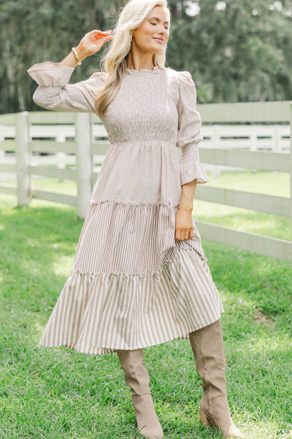 brown stripe midi dress THE THERESA STRIPED MIDI DRESS IN CAMEL Small