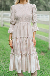 Back To It Brown Striped Midi Dress