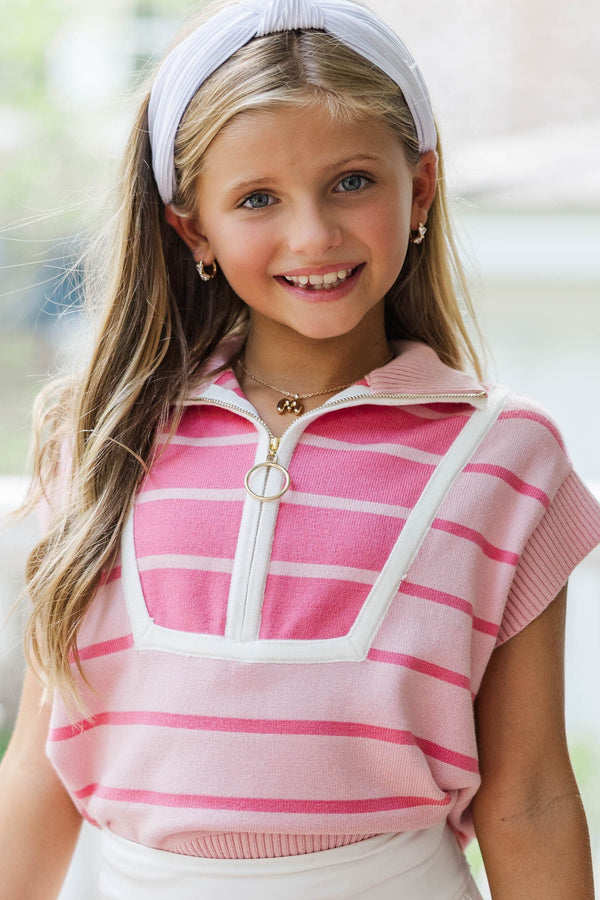 Girls: Care To Contrast Pink/Red Striped Sweater