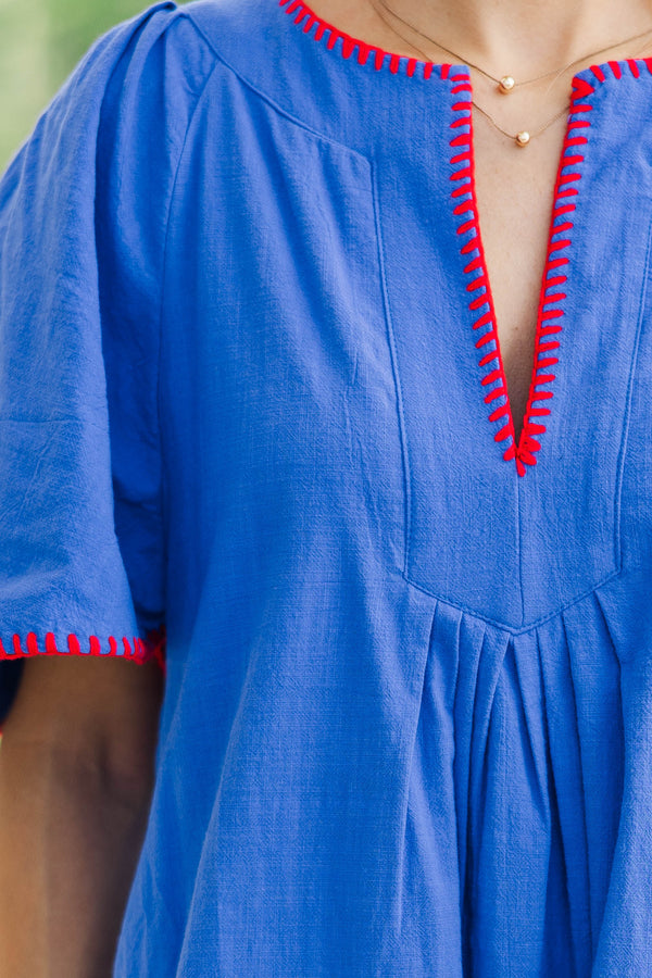 Just A Theory Royal Blue & Red Contrast Cotton Dress