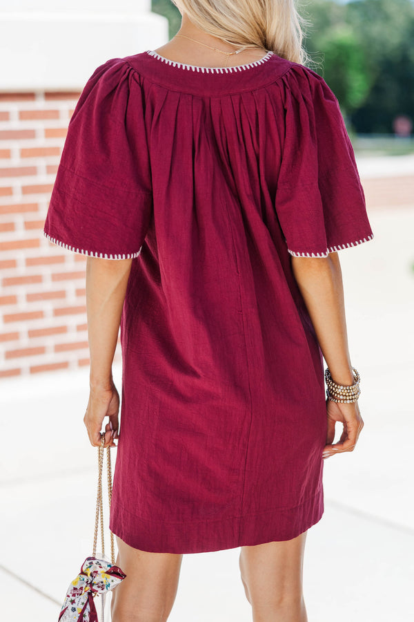 Just A Theory Maroon & White Contrast Cotton Dress