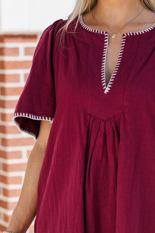 Just A Theory Maroon & White Contrast Cotton Dress