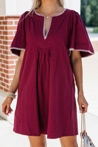 Just A Theory Maroon & White Contrast Cotton Dress