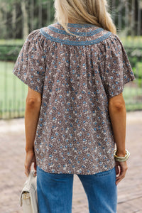 For The Scenic Route Brown Ditsy Floral Blouse