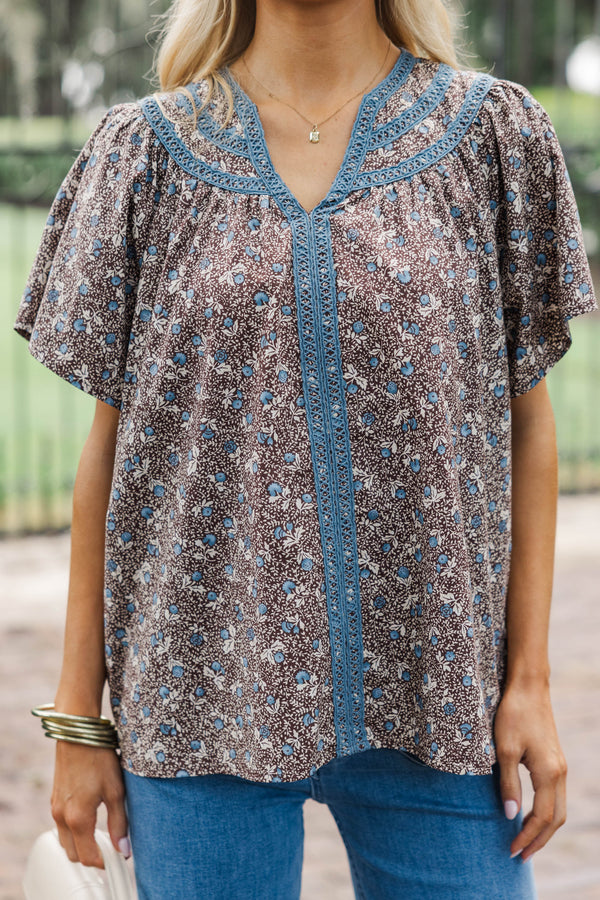 For The Scenic Route Brown Ditsy Floral Blouse