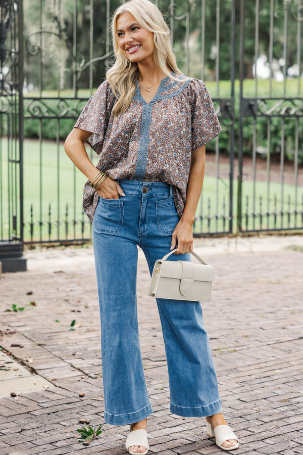 For The Scenic Route Brown Ditsy Floral Blouse
