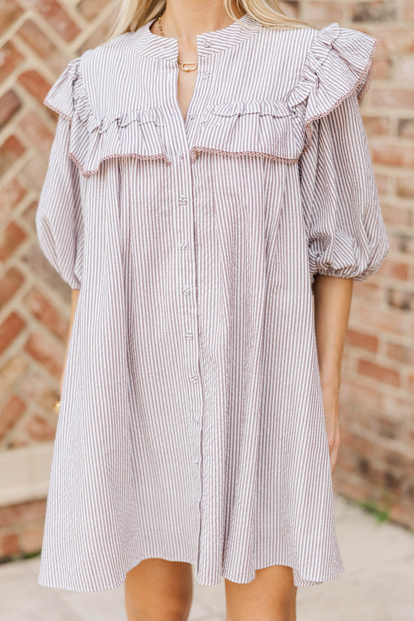 Mind In The Clouds Brown Striped Ruffled Babydoll Dress