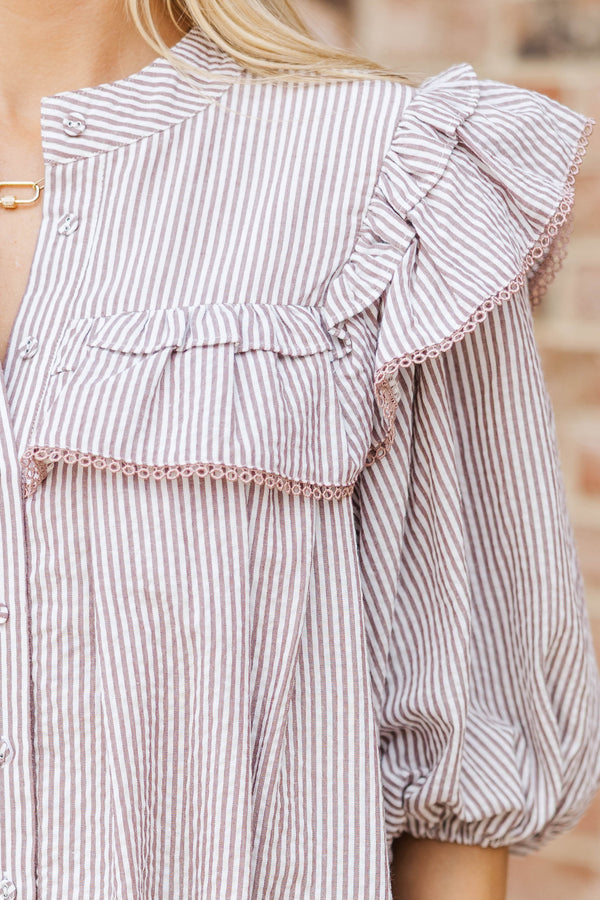 Mind In The Clouds Brown Striped Ruffled Babydoll Dress