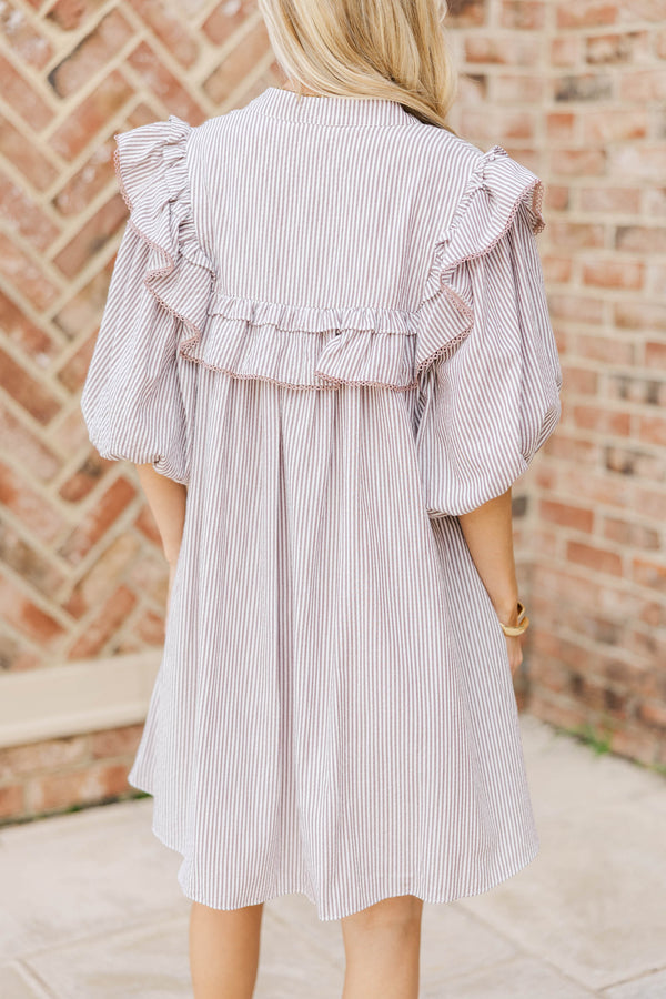 Mind In The Clouds Brown Striped Ruffled Babydoll Dress