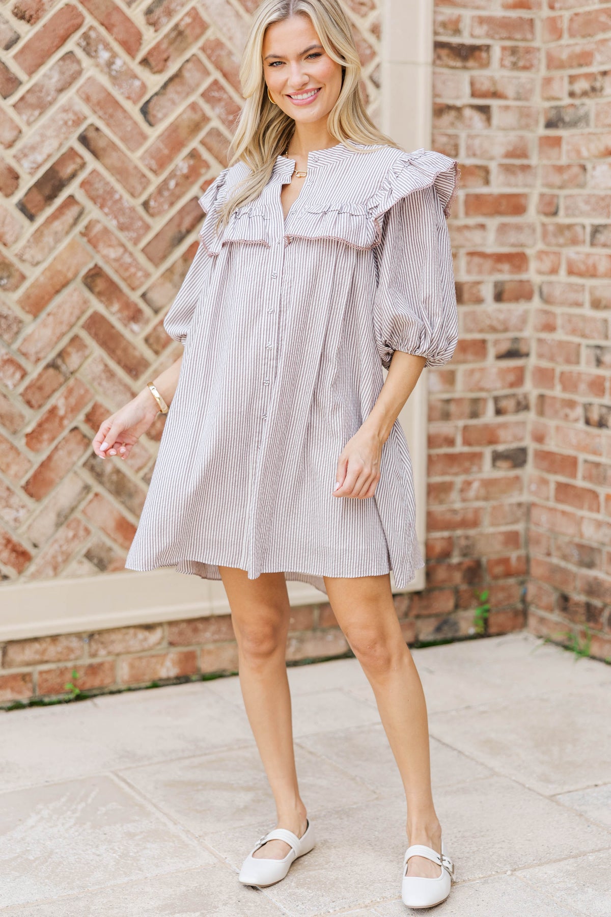 cravings cotton ruffle babydoll dress Mind In The Clouds Brown Striped Ruffled – Shop the Mint Baby Doll Dress Black Dresses Dresses | searchable:vneck Size:16 USA