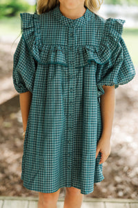 Girls: Plaid To Be Here Emerald Babydoll Dress