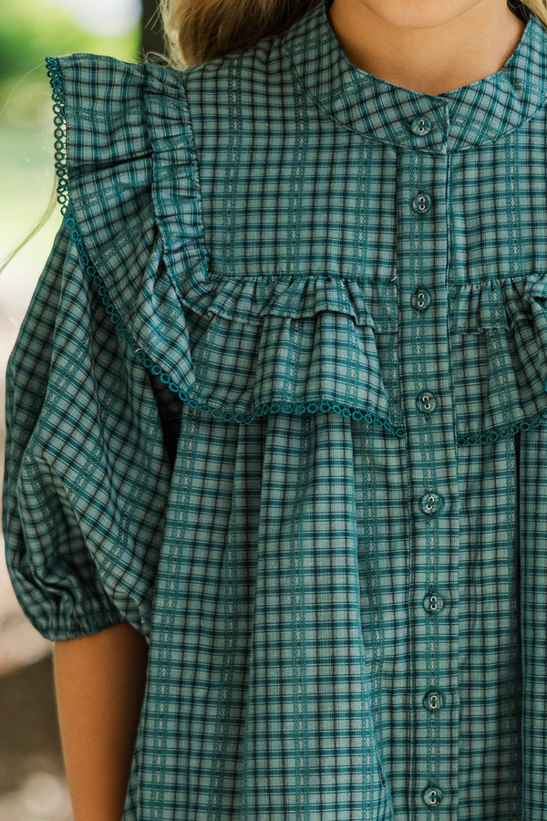 Girls: Plaid To Be Here Emerald Babydoll Dress