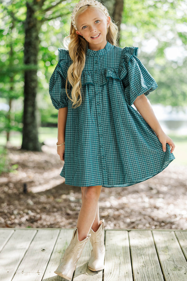 Girls: Plaid To Be Here Emerald Babydoll Dress