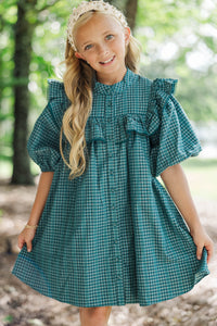Girls: Plaid To Be Here Emerald Babydoll Dress