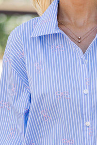 Back To Work Blue Bow Embroidery Stripe Shirt