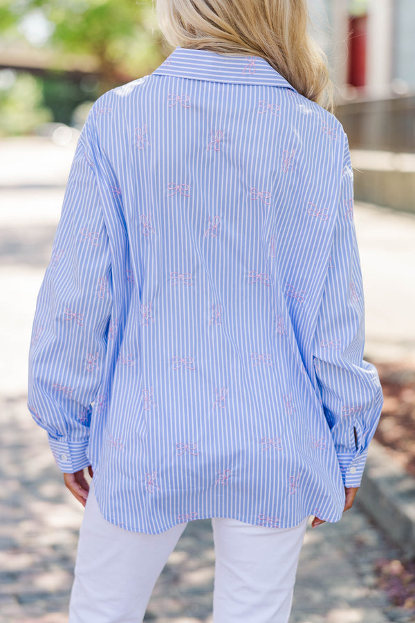 Back To Work Blue Bow Embroidery Stripe Shirt