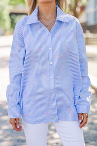 Back To Work Blue Bow Embroidery Stripe Shirt