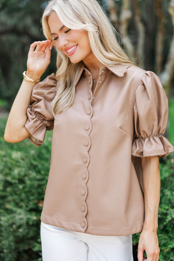 Laugh a Little Camel Scalloped Leather Blouse