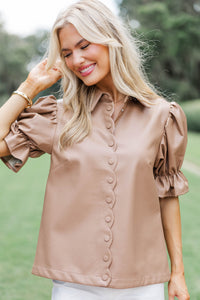Laugh a Little Camel Scalloped Leather Blouse