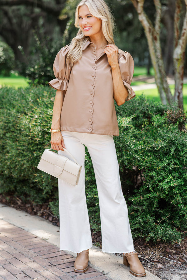 Laugh a Little Camel Scalloped Leather Blouse