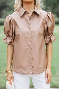 Laugh a Little Camel Scalloped Leather Blouse