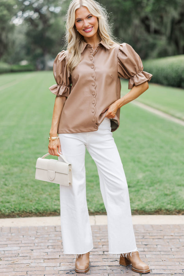 Laugh a Little Camel Scalloped Leather Blouse