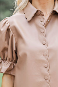 Laugh a Little Camel Scalloped Leather Blouse