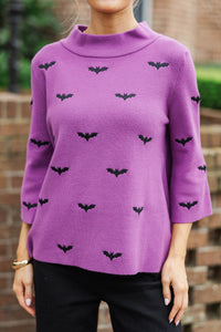 Fall Feels Forever Purple Embroidered Bats Sweater