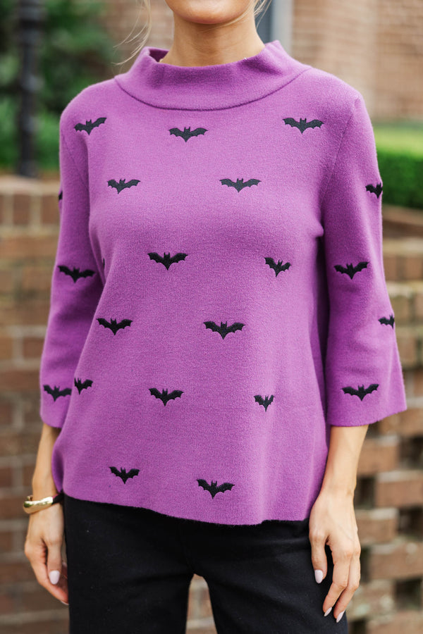 Fall Feels Forever Purple Embroidered Bats Sweater