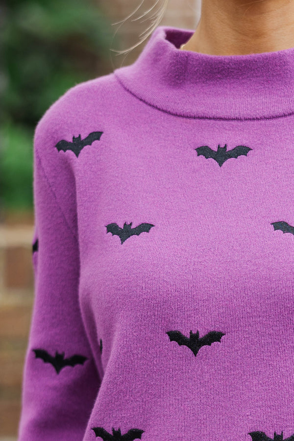 Fall Feels Forever Purple Embroidered Bats Sweater
