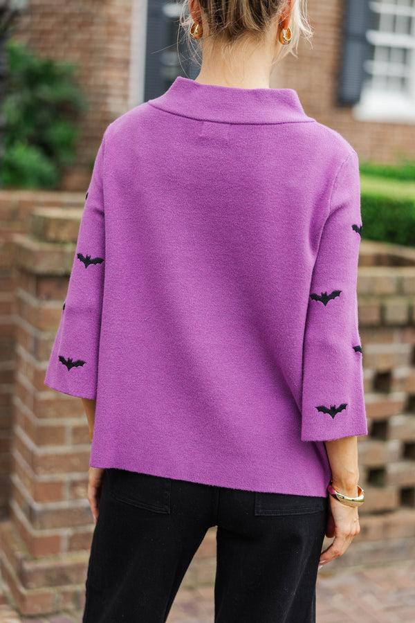 Fall Feels Forever Purple Embroidered Bats Sweater