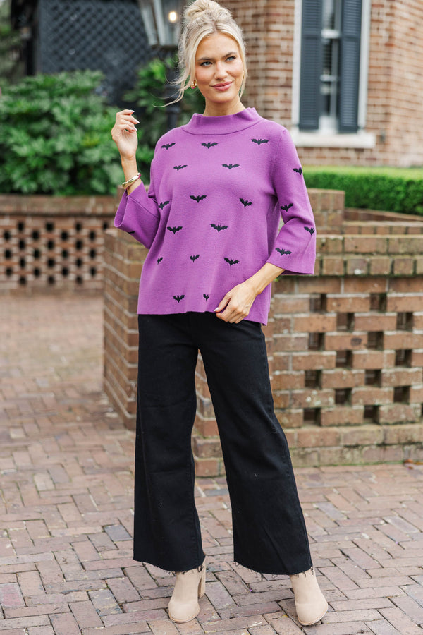 Fall Feels Forever Purple Embroidered Bats Sweater
