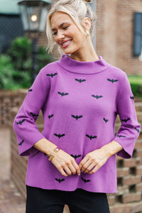 Fall Feels Forever Purple Embroidered Bats Sweater