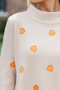Fall Feels Forever Taupe Embroidered Pumpkins Sweater