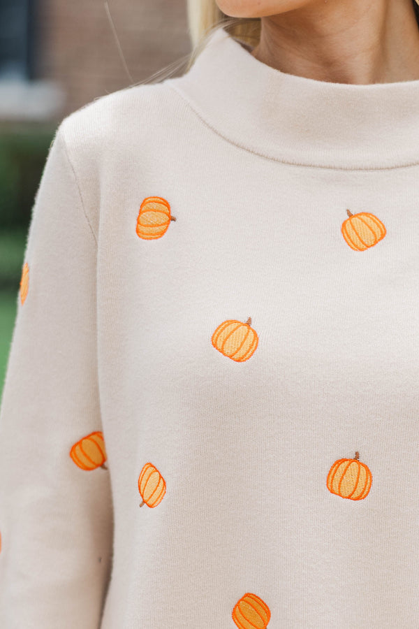 Fall Feels Forever Taupe Embroidered Pumpkins Sweater