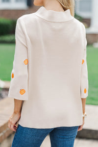 Fall Feels Forever Taupe Embroidered Pumpkins Sweater