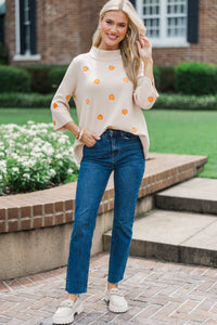 Fall Feels Forever Taupe Embroidered Pumpkins Sweater