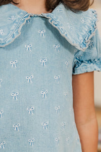Girls: Charmed In Blue Denim Bow Embroidered Dress